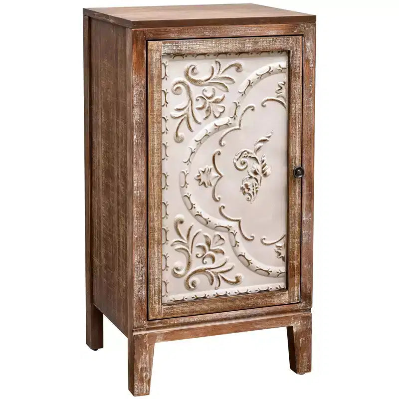 Vintage End Table with Floral Door Panel - Indoor Storage Cabinet, Natural and Cream Finish