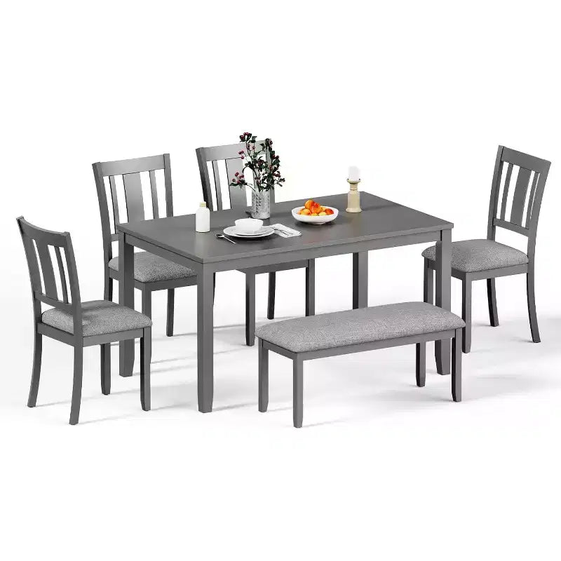 Zevemomo 6-Piece Wooden Dining Table Set, Including 1 Dining Table, 4 Upholstered Chairs and 1 Bench,for Dining Room & Kitchen, Grey