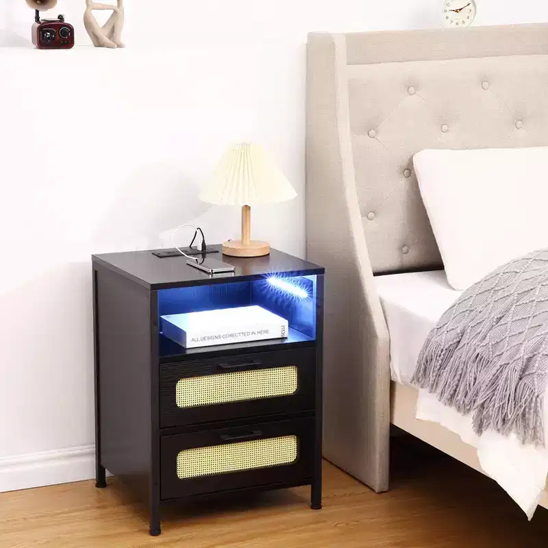 Nightstand with USB Ports and Outlets, Rattan Decorated Doors & Open Shelf, Bedroom Living Room Office,