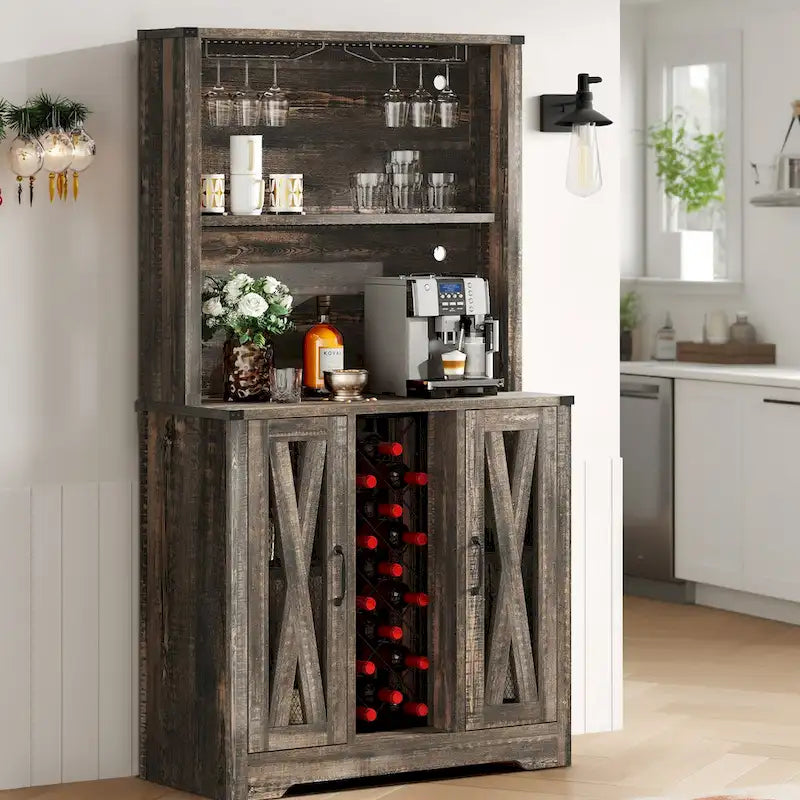 Farmhouse Bar Cabinet with Wine Rack and LED Lights