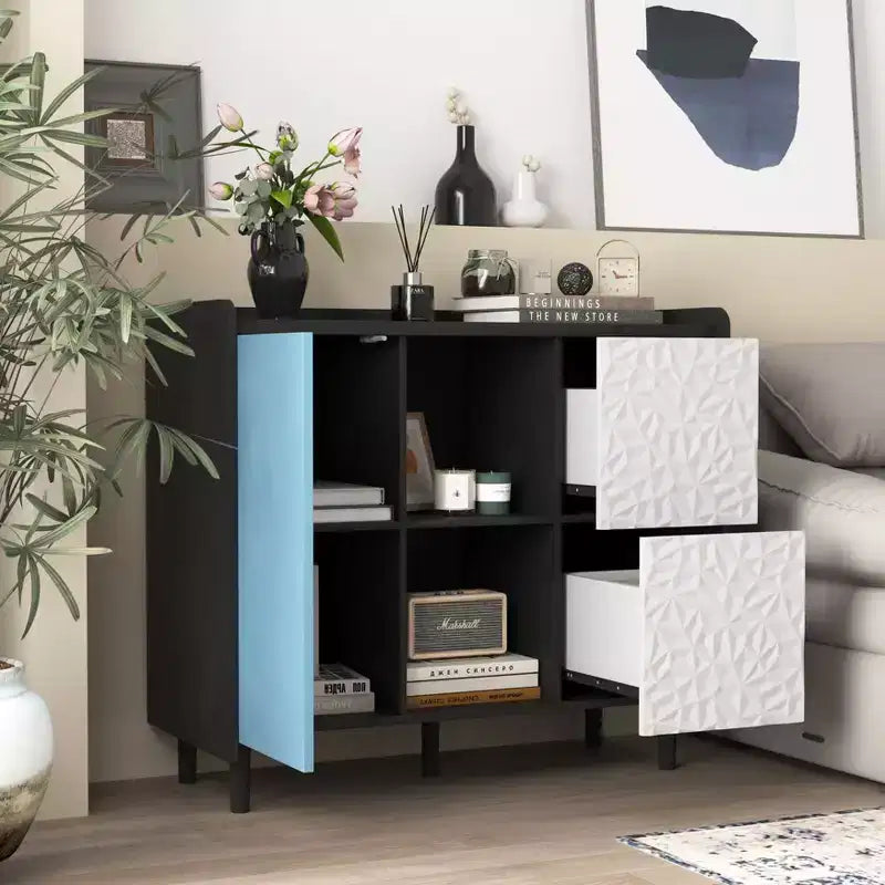 TUYOHW Sideboard Buffet Cabinet,Black Storage Cabinet with Doors,2 Drawers,2 Open Shelves,Accent Cabinet for Kitchen,Dining Room,Living Room