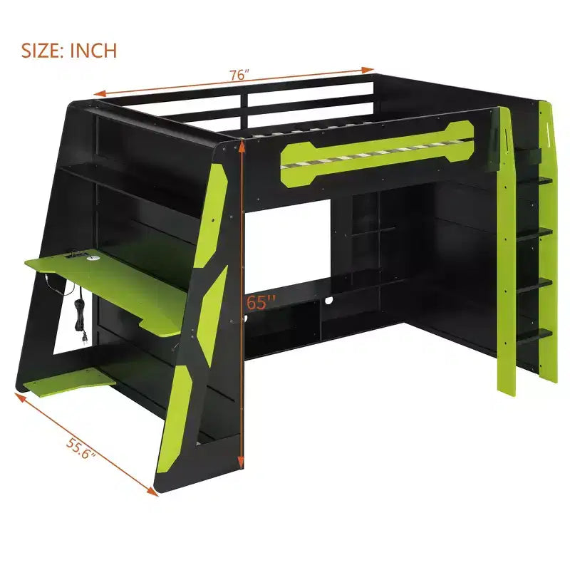 Luxystar Full Size Modern Loft Bed With Light Computer Desk, Bookcase and Entertainment Center