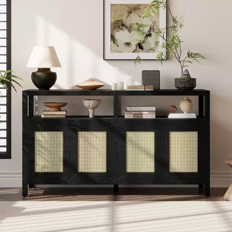 Bohemian Style Rattan Buffet Storage Cabinet with Solid Wood Frame