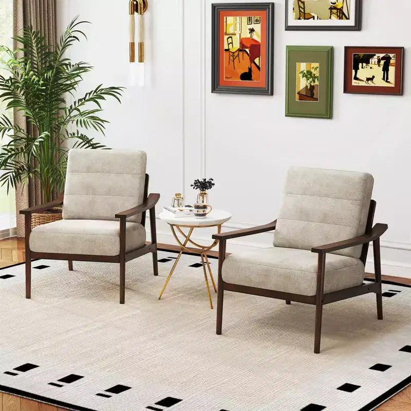 Costway 2 PCS Modern Accent Chair Upholstered Leisure Armchair w/ Rubber Wood Armrests & Legs