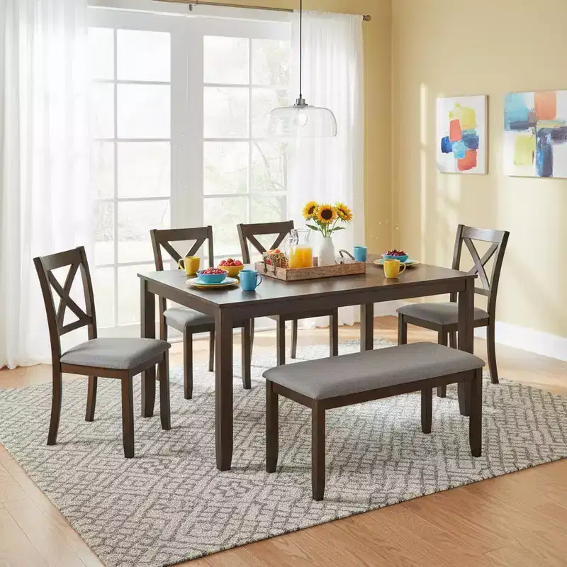 Homy Casa 6-Piece Wooden Dining Table Set with 4 Upholstered Chairs and Bench, Kitchen & Dining Room Furniture, Grey