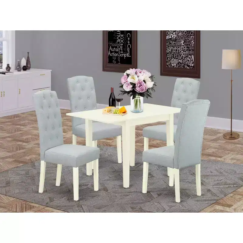 HomeStock Belmont Dining Set 5 Pc - 4 Chairs For Dining Room and a wood dining table - Linen White Finish Solid wood - Baby Blue Color Linen Fabric