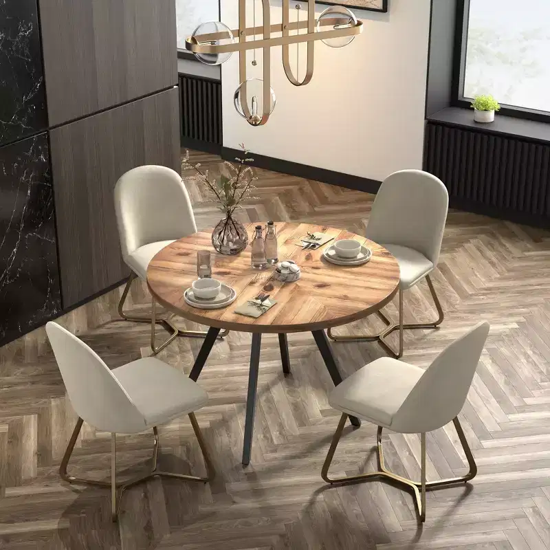 Jolana 45 Round Oak Top Black Finish Dining Table and Linen Upholstered Dining Chairs Set - iNSPIRE Q