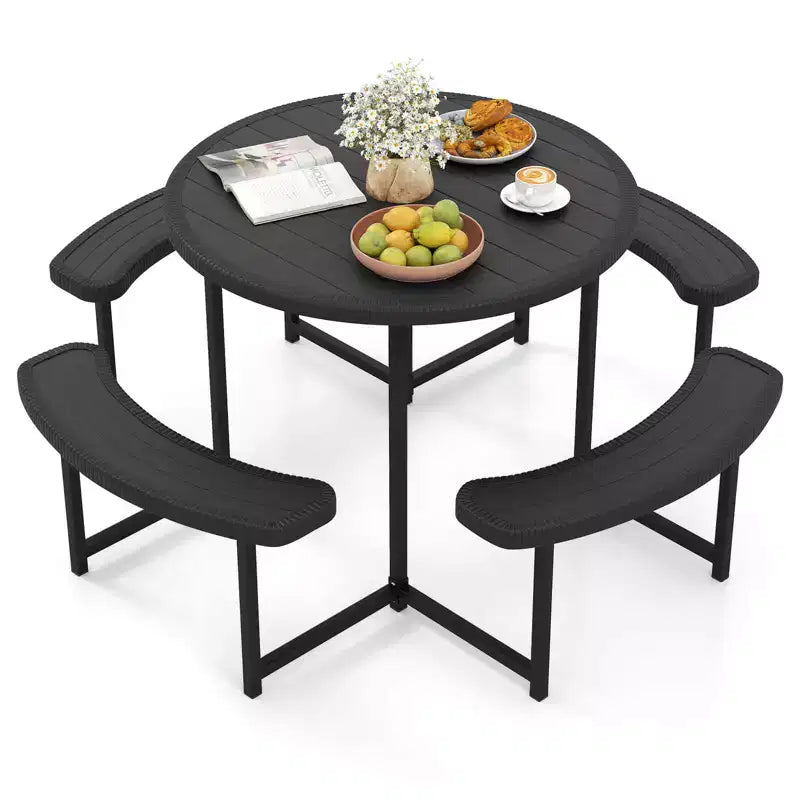 Costway Round Picnic Table Bench Set with 4 Benches Umbrella Hole All Weather Tabletop White/Green/Gray/Black