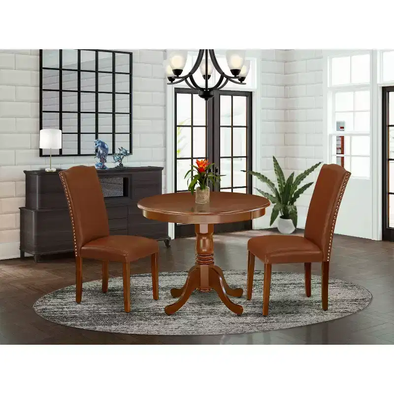 Round Dining Table Set - 36 Inch Table with 2 Parsons Chairs - Linen White Finish