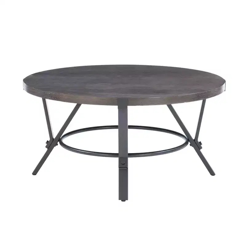 Powell 3pc Galway Wood Top and Charcoal Gray Metal Round Coffee and Side Table Set Charcoal Brown: Rustic Living Room Furniture Set