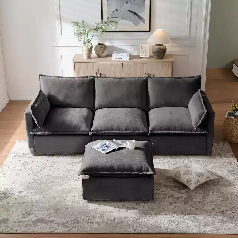 GDFStudio Sewell Modern L-Shaped Faux Linen 4-Seater Sofa with Movable Ottoman