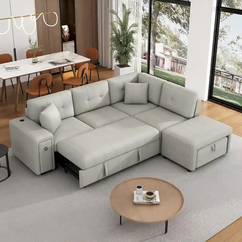 L-Shaped 4-Seat Sectional Sofa with Pull-Out Bed, Ottoman, USB Ports & Drop-Down Table