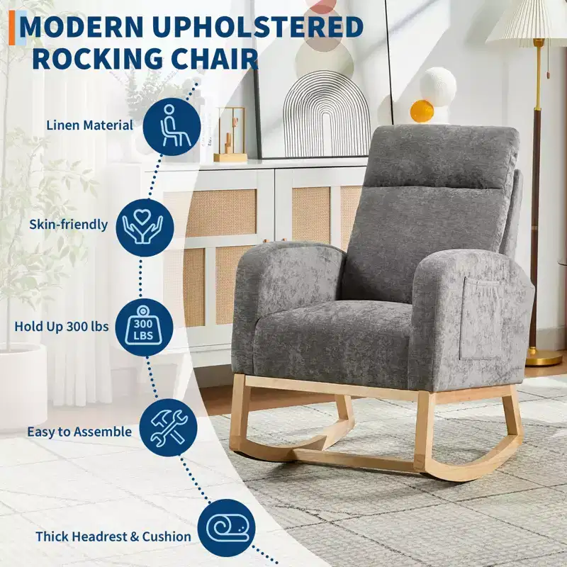 Modern Teddy Fleece High Back Rocking Chair, Upholstered Nursery Glider with Padded Armrests, Side Pockets and Wood Legs for Living Room and Bedroom