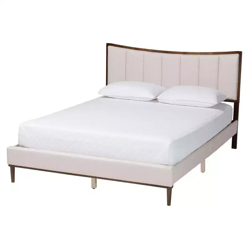 Baxton Studio Nikolai Mid-Century Channel Tufted Beige Fabric and Wenge Brown Wood 4-Piece Queen Bedroom Set