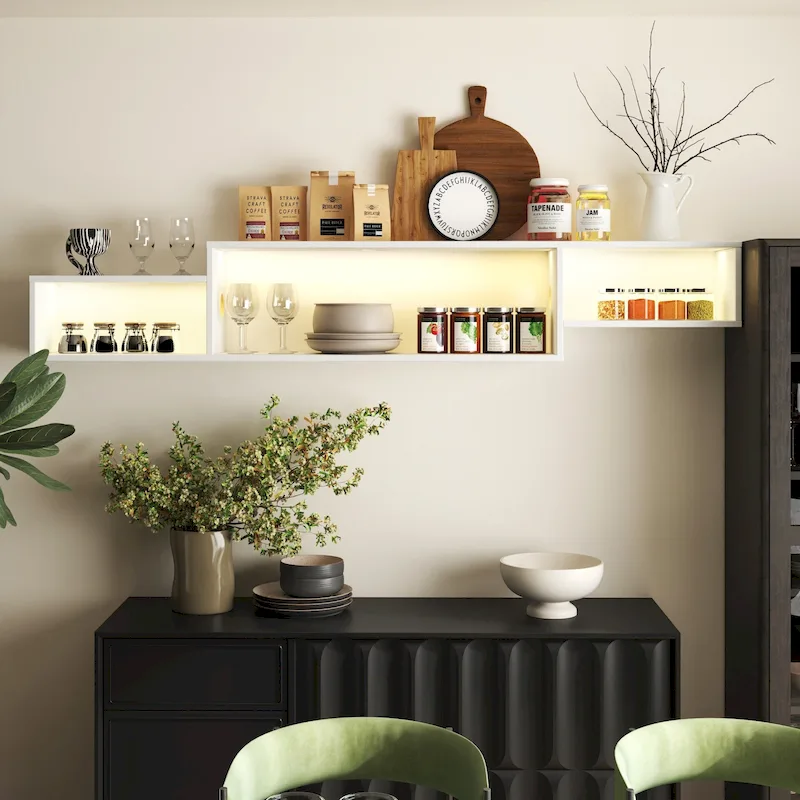 Modern Floating TV Stand with 3 Tier Shelves and 20 Color LEDs for Wall Mounted Home Theater and Office