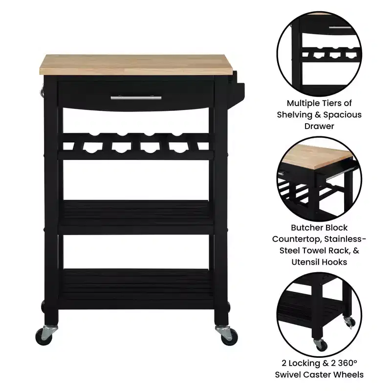 Ellaine 4 Tier Butcher Block Kitchen Cart with Drawer and Wine Rack - Breighton Home
