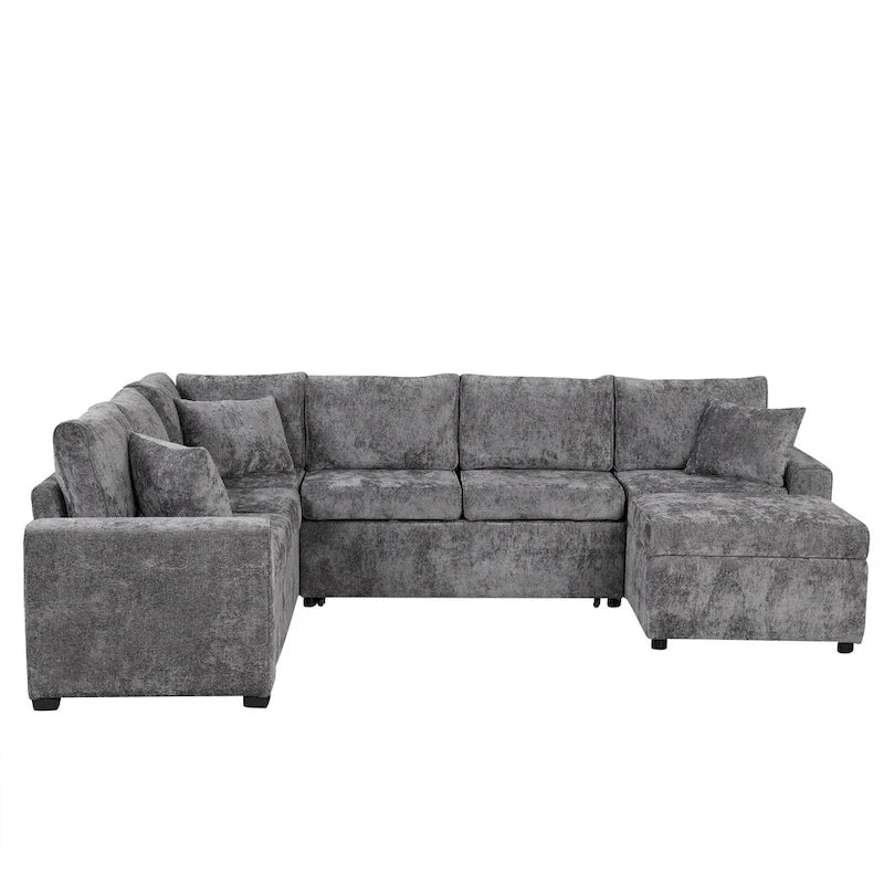 Chenille Sectional Sofa Pull-out Sofa Bed, L-Shape Sleeper Sofa with Storage Ottoman, 3 Pillows and Charging Devices