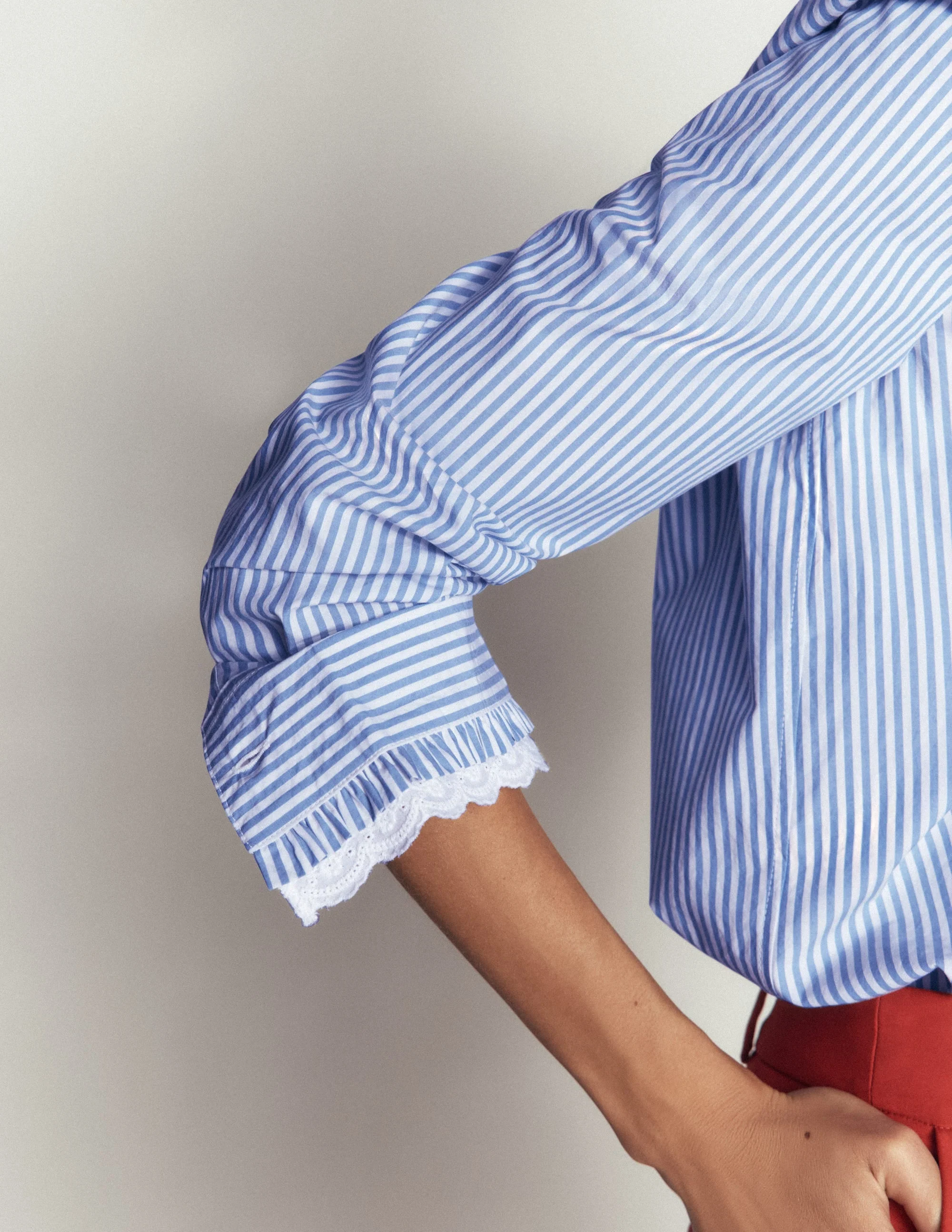 Frill Cotton Shirt-Forget Me Not, Ivory Stripe
