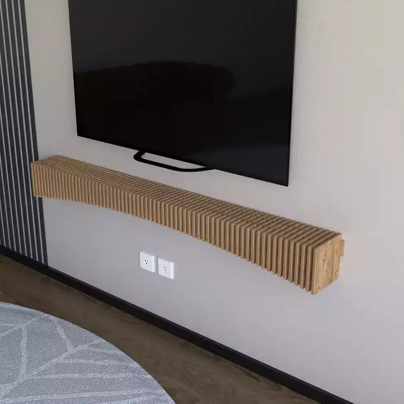 Wear Sierra BATAMEX Parametric 60 inch Floating Shelf TV Unit Modern Geometric Wooden Wall Piece Decor Natural Oak Color 3D Wavy Living Room Shelf