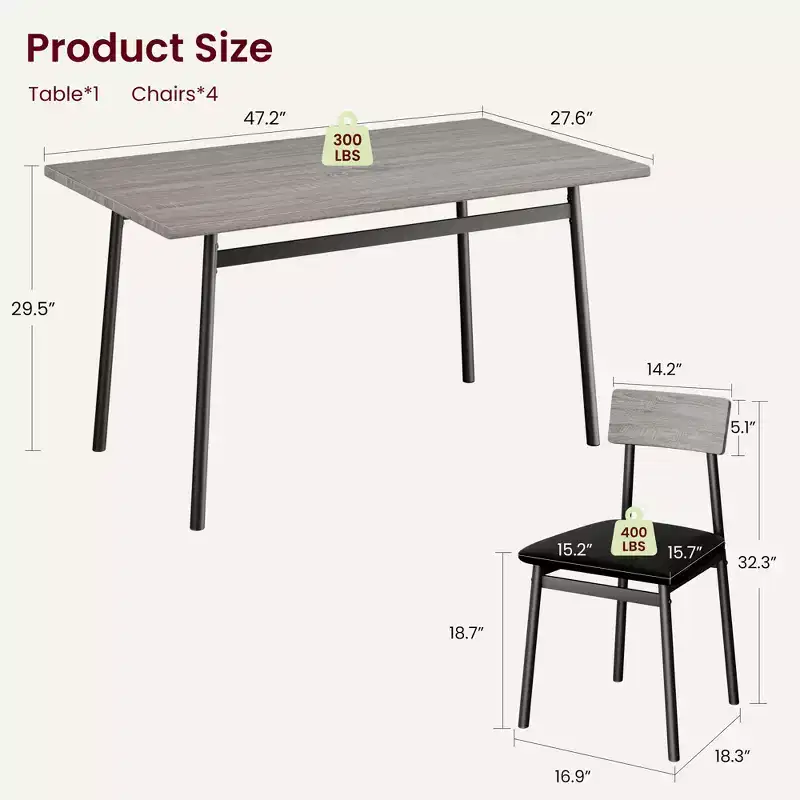 Garvee Dining Table Set for 4 with 4 Upholstered Chairs, Dining Room Table Set for 4 w/Smooth Edge for Dining