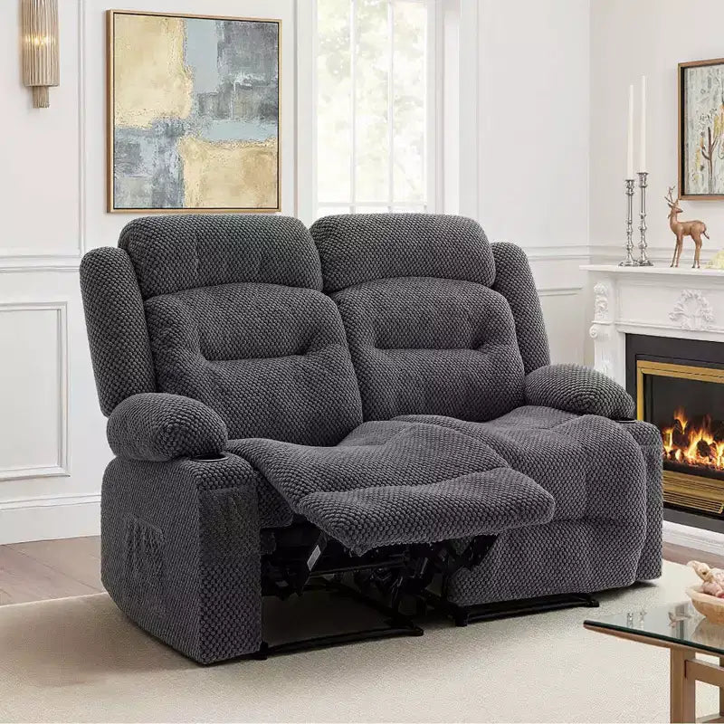VEVOR Loveseat Recliner Sofa, Manual Reclining Couch with Heating and Massage, Soft Corduroy Recliner Sofa with USB Ports, Cup Holders ,Grey