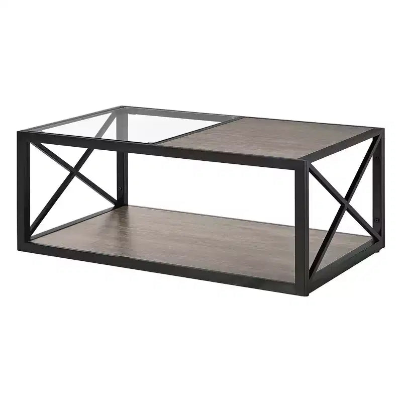 Zeus & Ruta Modern Industrial Coffee Table with Tempered Glass & Wood MDF Top for Living Room & Bedroom