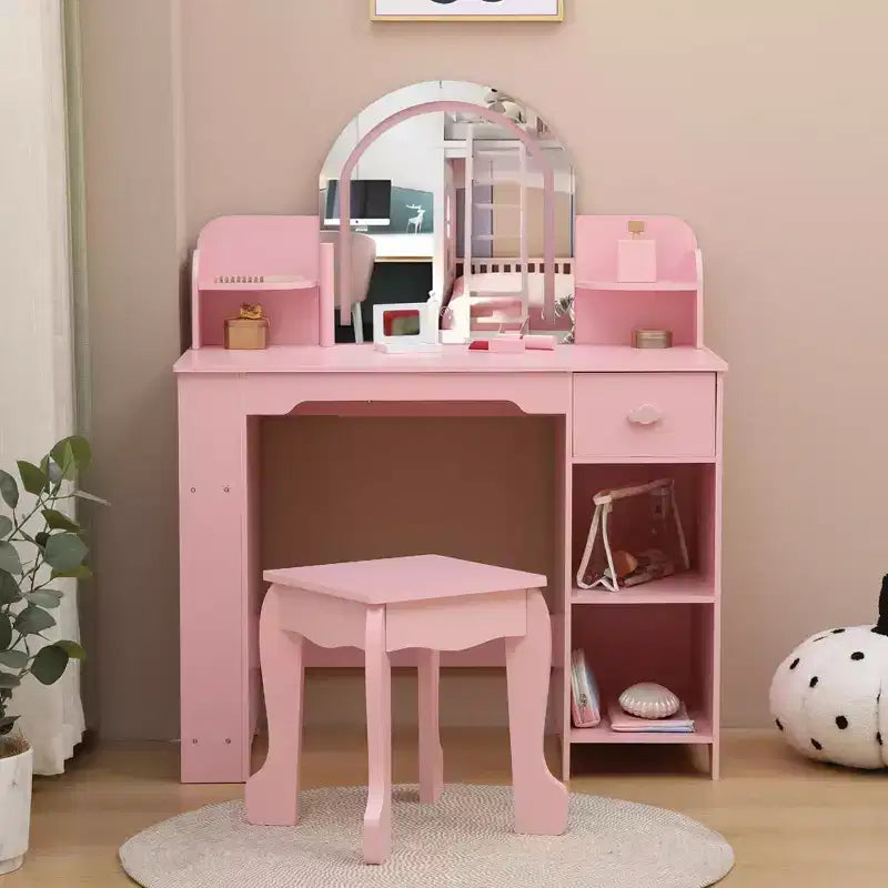 Kids Vanity Desk with Mirror, 2 In 1 Little Girls Vanity Table & Stool, Kids Makeup Table with Bookshelf, Drawer & Open Shelves for 3-9 Yrs Girls
