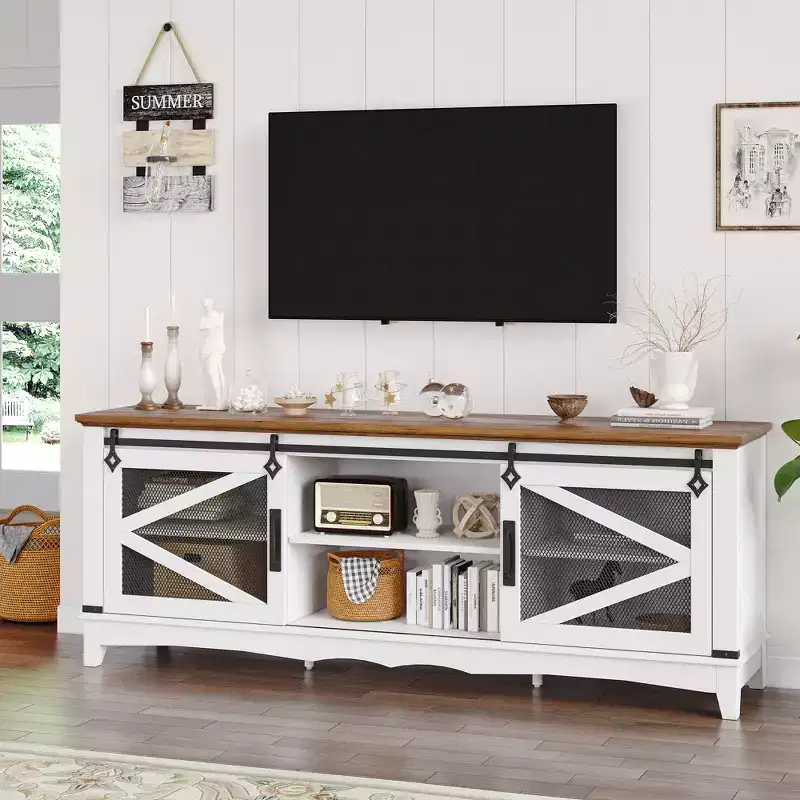 Farmhouse TV Stand for 65/70/75 Inch TV, 65 inch Entertainment Center Storage Cabinets with Sliding Barn Doors, Media Console Cabinet for Living Room