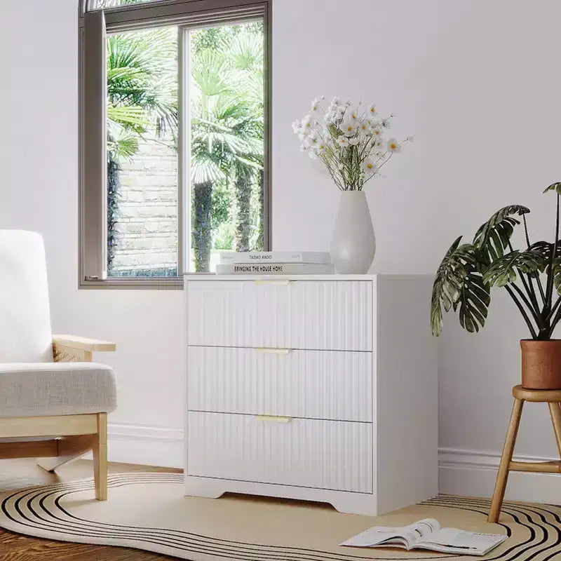 Modern White Wood Nightstand 3 Drawers Fluted Bedside Table Large 27 Inch Wide Storage Accent Cabinet Dresser For Bedroom Living Room Home Furniture
