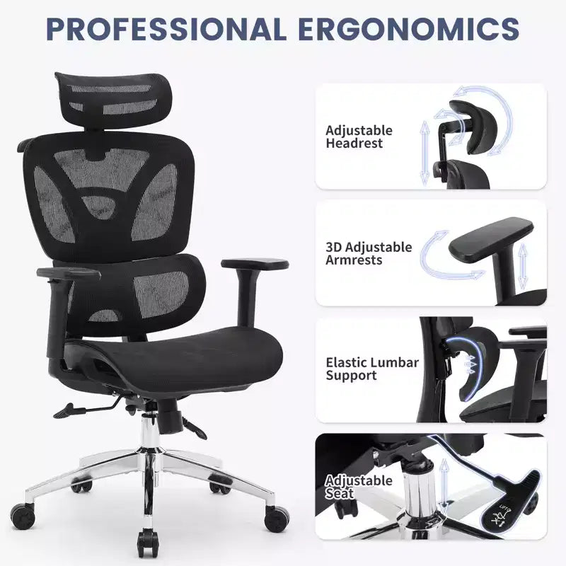 Premium Ergonomic Mesh Office Chair with Adjustable Headrest, Lumbar Support, 3D Armrests, Breathable Design for Home & Office