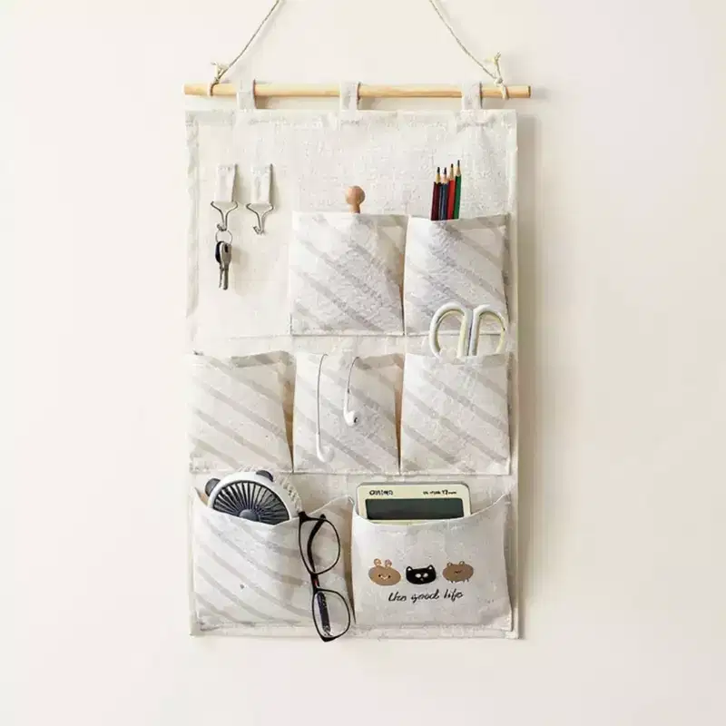 Alilang Hanging Fabric Storage Organizer with Wooden Rod and Multi-Pocket Design - Beige