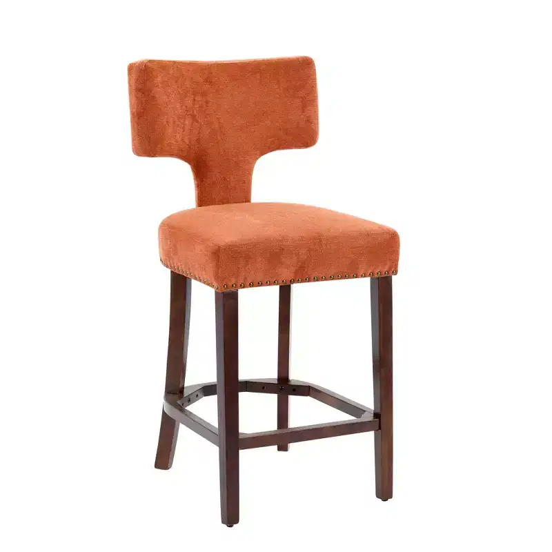 CLIHOME Set of 2 Mid Century Counter Height Bar Stools, Farmhouse Linen Fabric Upholstered Kitchen Accent Chair Curved Backrest