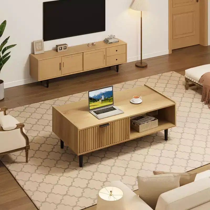 Mid-Century Modern Cocktail Table with Storage Drawer, Light Wood Grain Rectangle Living Room Center Table and Open Shelf