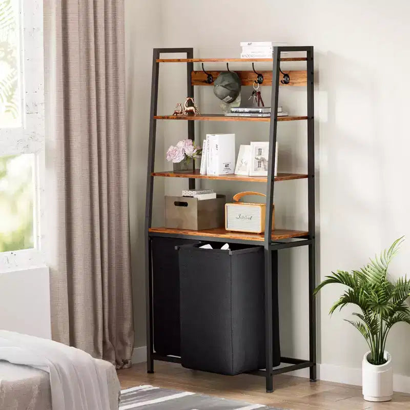 Double Laundry Hamper with Shelf 4 Tier Tall Laundry Basket Sorter with Two Removable Bags Clothing Storage Organizer and Hooks for Bathroom Bedroom