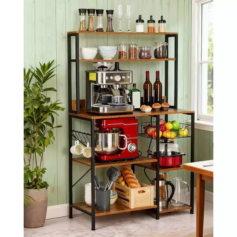 Kitchen Bakers Rack with Power Outlet, Microwave Oven Stand with Storage 4 Tiers, Kitchen Storage Shelf Rack with 6 S Hooks for Spices, Pots