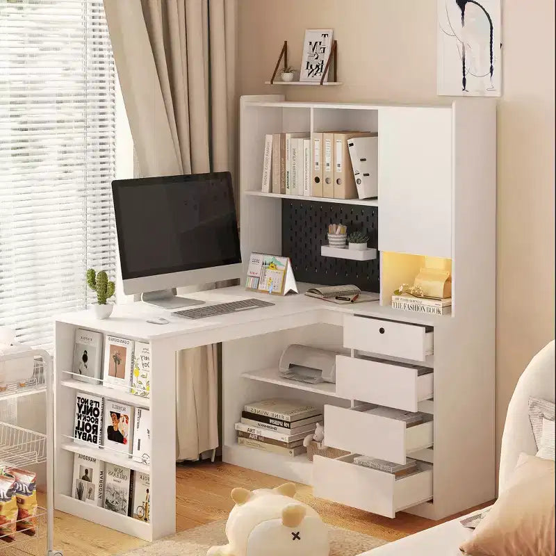JVNOXK L-Shaped Multi-Functional Corner Storage Unit Charging Desk with Drawers Computer Desk with Shelving LED Lighting Home Office Desk - White