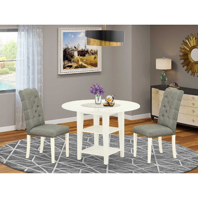HomeStock 3-Piece Linen White Finish Round Solid Wood Top Dining Table Set