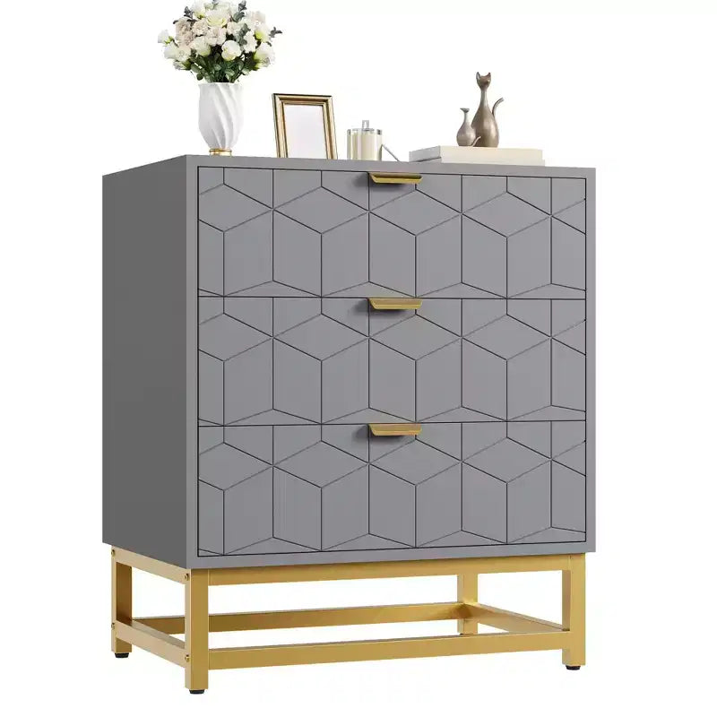 Modern Nightstand with 3 Drawers, Wooden Accent End Table with Metal Legs, Sofa Side Table for Small Space, 3 Drawer Dresser for Bedroom