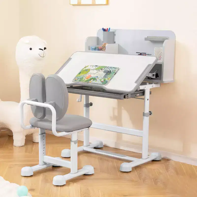 Costway Kids Study Desk & Chair Set with Tilt Desktop, Pen Holder & Tray, Reading Stand Blue/Gray