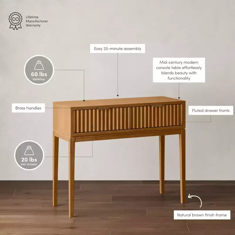 Nathan James Boho Wood Fluted 2 Drawers Console Table: Tapered Legs, Brass Handles, Mid-Century Modern