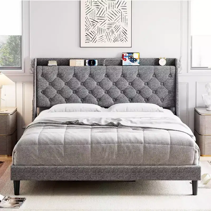 King Size Bed Frame with Upholstered Wingback Headboard,with Charging Station, Button Tufted Design, No Box Spring Needed, Light Grey