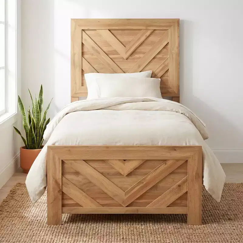 GDFStudio Hudson Rustic Wood Panel Bed Frame Chevron Pattern Headboard and Footboard