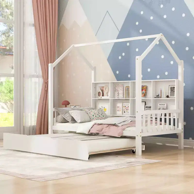 MAYEERTY Twin Size House Bed with Trundle Kids Bed with Shelf for Bedroom White