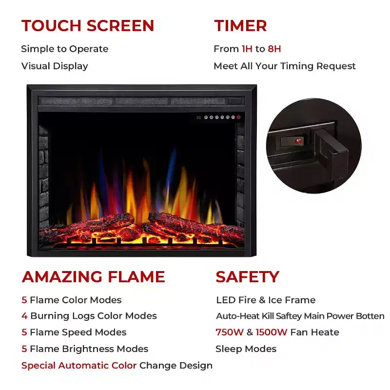 R.W.FLAME Electric Fireplace Insert, Freestanding & Recessed Electric Stove Heater, Adjustable Flame with Burning Fireplace Logs Touch Screen