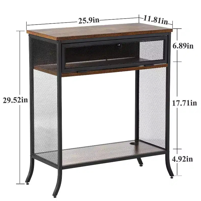 VECELO Industrial Console Table With Drawer & Open Shelves, Rustic Wood & Metal Mesh Entryway Table, Storage Side Table for Living Room or Hallway