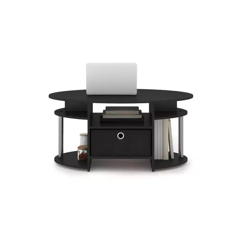 Modern Oval Coffee Table with Side Shelves and Fabric Storage Bin for Living Room