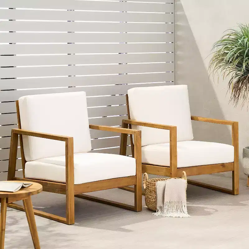 GDFStudio Silla Outdoor Acacia Wood Club Chairs with Cushions and Sled Leg (Set of 2)