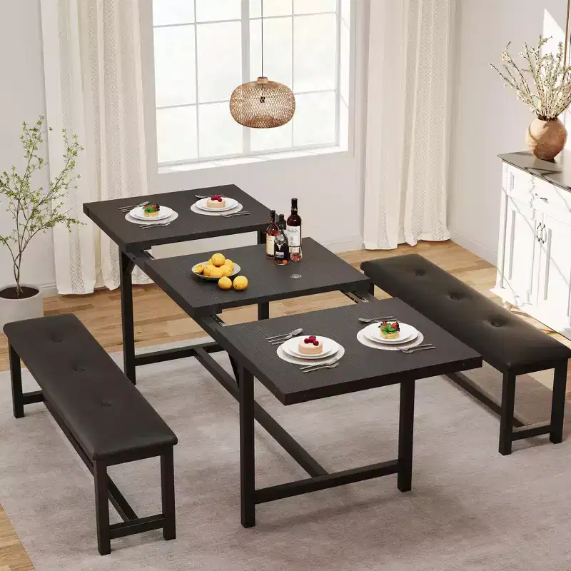 63 Dining Table Set for 4-8, Large Extendable Kitchen Table Set with 2 Upholstered Benches for 6, 3 Piece Rectangle Dining Table Set for 4