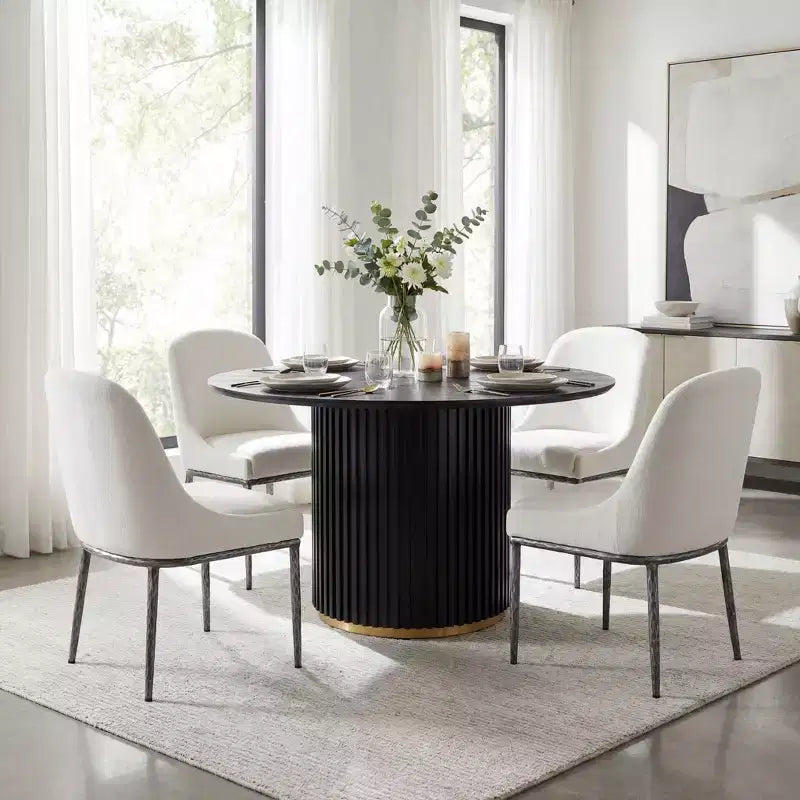 Linnea Industrial 5 Piece Upholstered Dining Chairs with Round Pedestal Dining Table