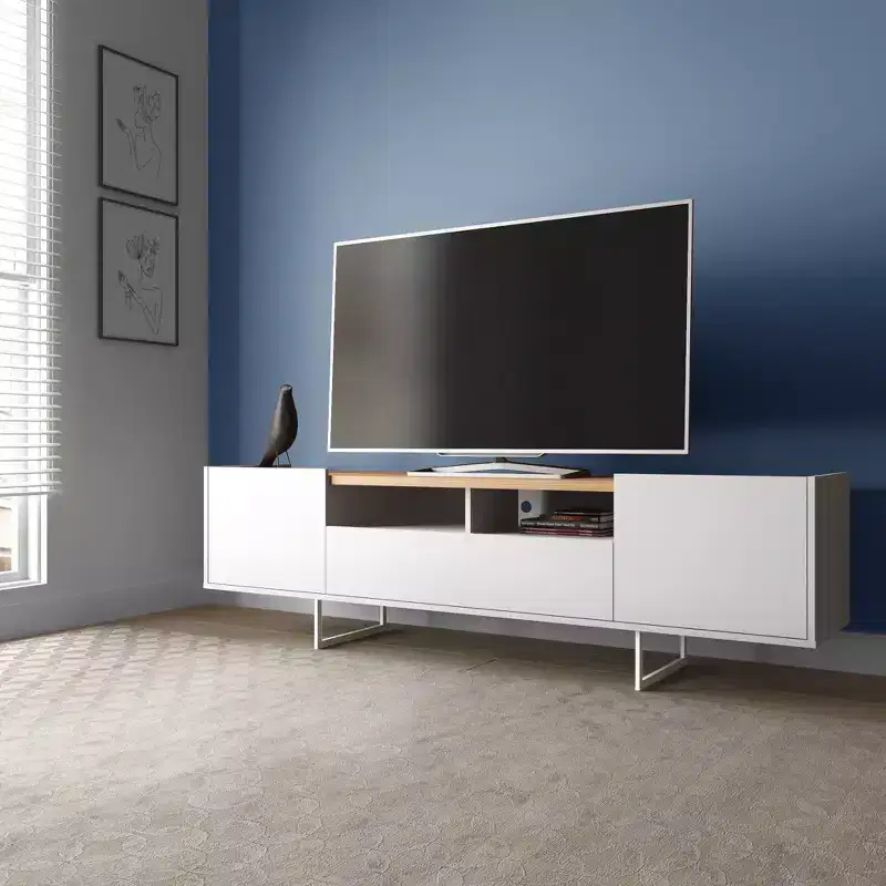Winston TV Stand for TVs up to 65" White/Cinnamon - Manhattan Comfort: Entertainment Center with Cable Management